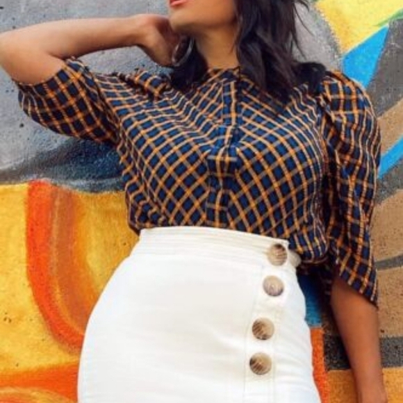 Eva Franco Anthropologie Plaid Button Down Blouse Womens 14 Orange Blue - Picture 12 of 13